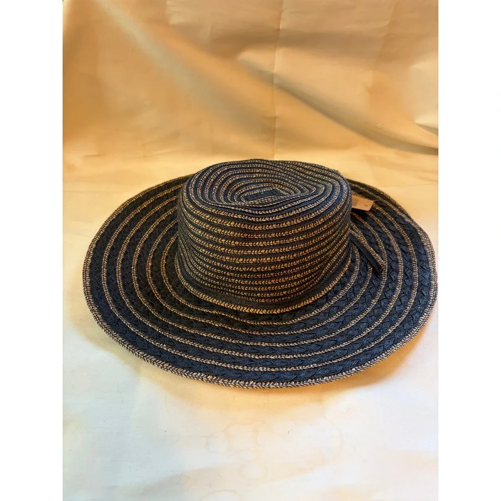 C.C Exclusives Sun Hat Womens OS Coastal Boho Wide Brim Woven Black Tan Straw